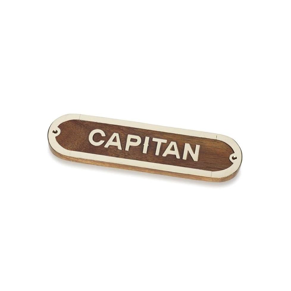 Placa señalización decoración marinera, fabricación en madera y latón con leyendas temática náutica WC, CAPITAN, CAMAROTE, BAR, PRIVADO.. (CAPITAN)