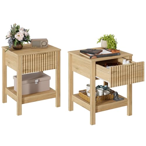 TROJM Fluted Night Stand with Golden Handle,Set of 2 Mid-Century Nightstands with Drawer, Bedside Table with Storage Shelf,Large End Tables for Livingroom,Bed Side Tables for Bedroom, Natrual Oak