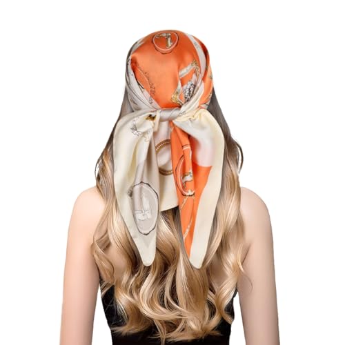 EXTREE Fashion Silky Satin Headscarf for Women Girls: Exquisite Pattern Lightweight Silk Graceful Scarfs 27.5 x 27.5 inches Character Photo Frame Orange