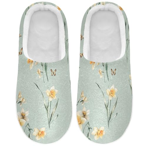 JUNZAN Cute Daffodils Sage Green Women Cotton Slippers Warm Memory Foam Bedroom Slippers for Hospital Christmas Presents 6-7