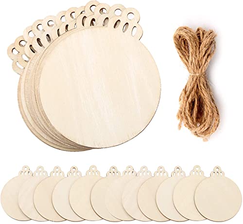SAVITA 20Pcs Paintable Natural Ball Wood Slices, Round Wooden Discs Blank Pieces Christmas Hanging Ornaments with Twine Ropes for DIY Embellishments Crafts Christmas Ornaments Holiday Decorations