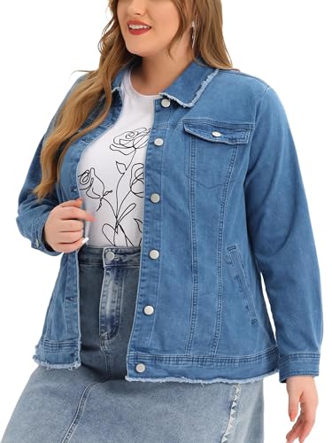 Agnes Orinda Plus Size Denim Jackets for Women Frayed Hem Classic Washed Jean Jacket