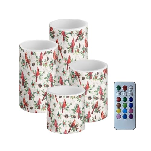 Image of Christmas Cardinal Bird Flickering Flameless Candles with Battery Powered LED Candles with Remote Timer Color Changing Control 4 Pcs Set