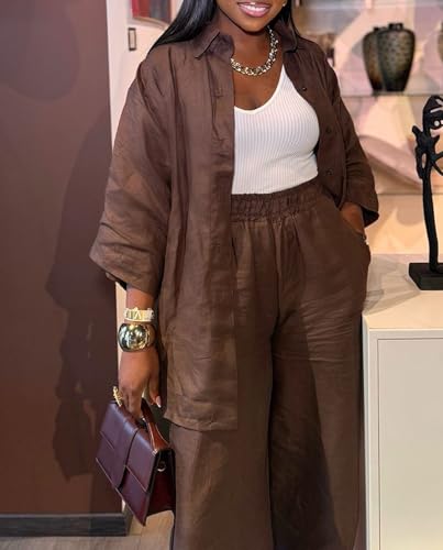 Voghtic 2 Piece Outfits For Women Lounge Sets 3/4 Sleeve Button Down Shirts And Wide Leg Pants Sets2