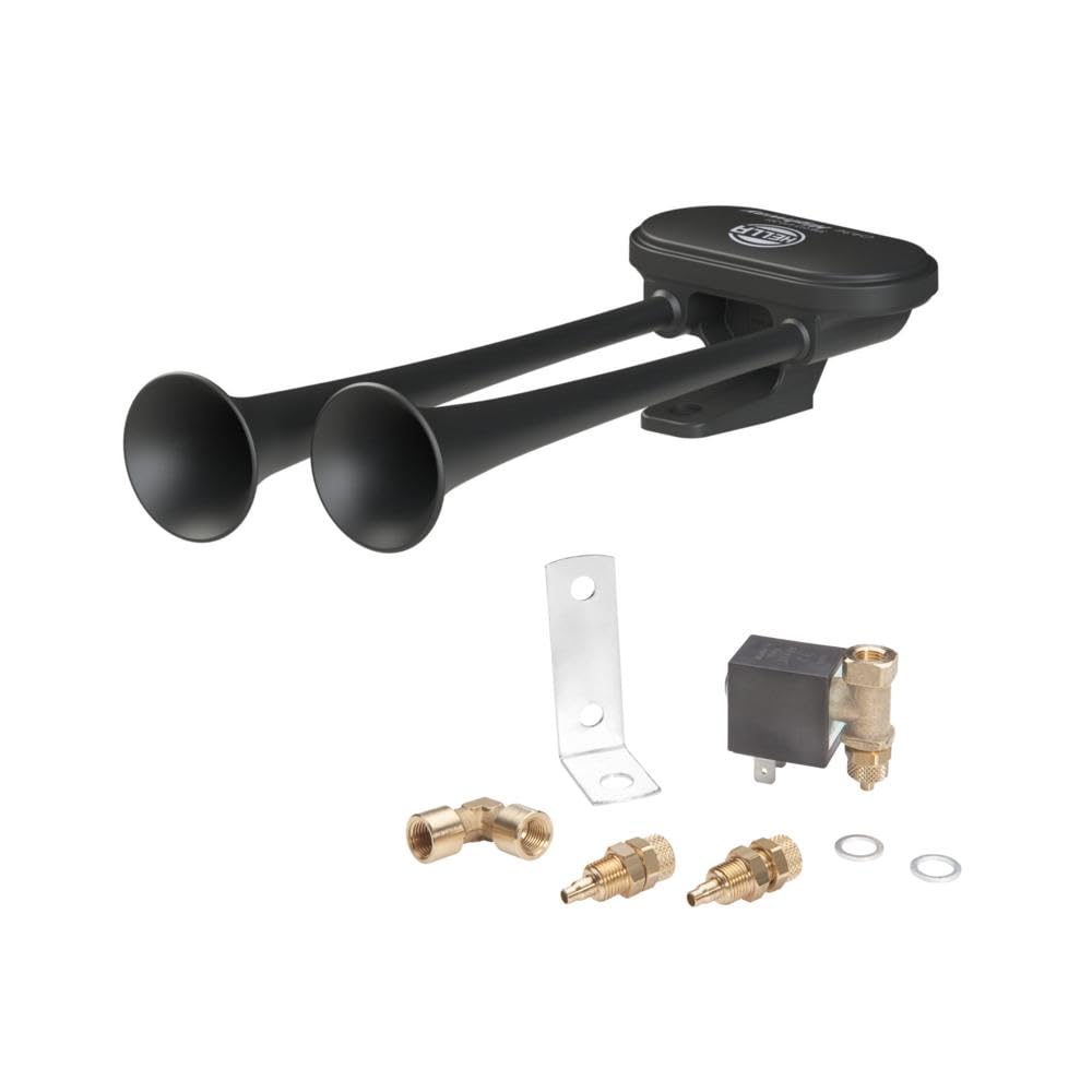 HELLA 3PB 013 410-901 Fanfare - 24V - 311Hz-349Hz - Tiefton/Hochton - elektrisch-pneumatisch - ECE - schwarz - geschraubt - Stecker: Flachstecker - Set - Menge: 1