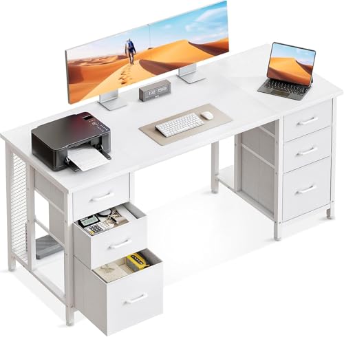 Coleshome Escritorio con 6 Cajones de Tela, 160x52 cm Mesa Escritorio con Estantes, Escritorio Ordenador Grande con Espacio de Almacenamiento para Oficina en Casa, Blanco