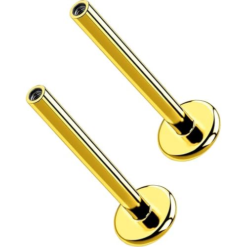 G23 Titanium Threadless & Internally Threaded Flat Back Stud Earrings – 20G 18G 16G Silver Gold Labret Post in 5mm–12mm for Nose Helix Tragus Cartilage Conch Lobe Medusa Piercing Jewelry 2pc