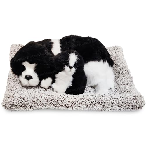 Image of FunBlast Sleeping Cute Dog with Puppy - Realistic Soft & Lifelike Pet Puppy with Bed for Car Dashboard and Home Decor, Sleeping Dog Soft Toy (Black)