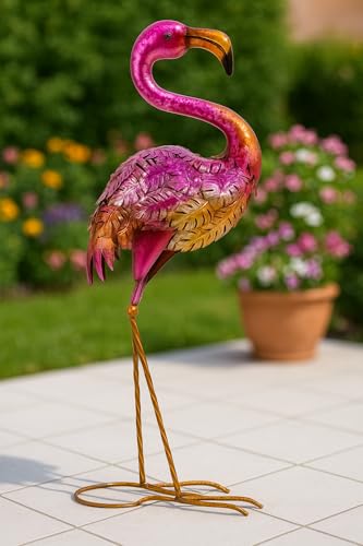 Schneemann-Versand Dekorativer Metall-Flamingo, 63 cm, Pink-Gold Metallic, Gartenfigur mit tropischem Blattmuster, Wetterfest