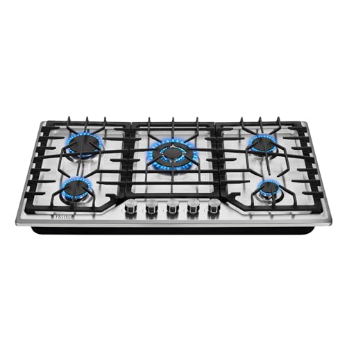 Hothit 5 Burner 36 inch Gas Cooktop, LPG/NG Dual Fuel Built-in Electronic Ignition Propane Stove Top with Pressure Regulator, Stainless Steel Gas Hob for Kitchen, Apartment, Outdoor(AHT36IN10S-SD)