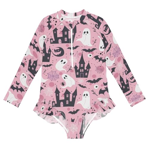 CaTaKu Girls One Piece Swimsuit Halloween Castle Toddler Bathing Suit Long Sleeve UPF 50+ Rash Guard Swimwear 3-12Y