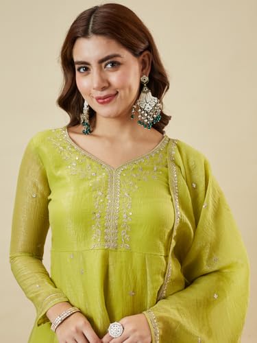 Image of MOKOSH Women's Silk Embroidery Peplum Kurta Sharara with Dupatta | Anarkali Kurta Set | Sweetheart Neck Full Sleeve Ethnic Suit | 3 Piece Outfit | Indian Kurta Outfit With Sharara