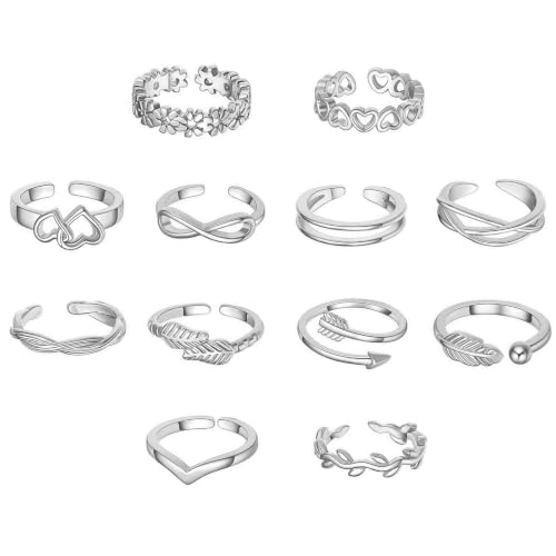 Image of 12PCS Toe Rings for Women 14K Gold /Silver Plated Adjustable Toe Ring Set Open Heart Arrow Infinity Rings Beach Foot Jewelry for Summer
