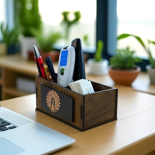 Image of POSHIO Wooden Remote Stand | 3-Section Desk & Table Organizer | Sturdy Engineered Wood | Remote, Stationery & Small Item Holder for Home & Office | Gift item | (7.1 x 4 x 4 inches, Peacock print)