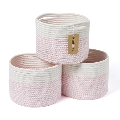 Image of MiniArk Small Basket for Organizing | Cube Shelf Closet Storage Baskets | 9.7×9.7×7.1” | Woven Rope Gift Basket | Nursery | Round 3 Packs Pink
