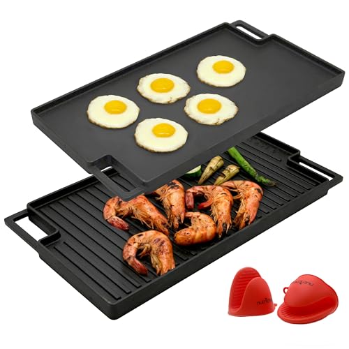 NutriChef Cast Iron Reversible Grill Plate, 18” Flat Skillet Griddle Pan for Stove Top, Gas Range Grilling Pan with Silicone Oven Mitt, Compatible with Electric, Ceramic & Induction Cooktops, 18”x10”