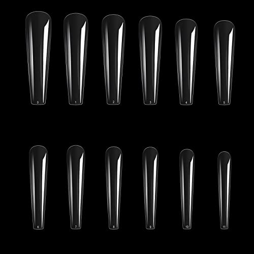 504 uñas postizas de ataúd largas XXL transparentes y naturales de cobertura completa, puntas de uñas rectas XXL con diseños