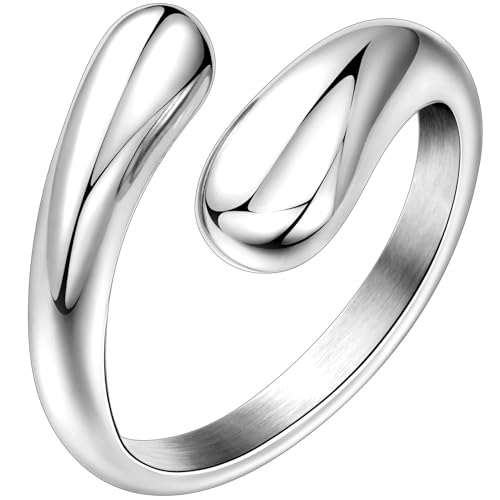 Poxtex Silver Mens Fashion Rings Accessories, Signet Stainless Steel Wedding Band, Adjustable Ring Jewelry Gifts for Women Men Size 9