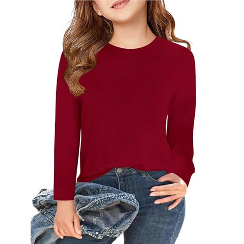 Girls Long Sleeve Pullover Shirt Crewneck Layering Soft Fall Tshirts Simple Solid Round Neck Simple Kids Toddler Tees