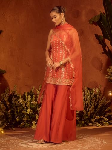 Image of FIORRA Women's Orange Viscose Chanderi Embroidered Ethnic Straight Kurta Set with Dupatta