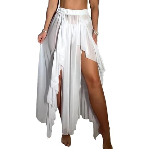 BYFINECANY Women's Double-Slit Ruffle Sheer Mesh Summer Bikinis Cover Up Pants White S Cover