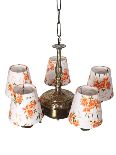 Image of Devansh 05 Lights Printed conical Cotton Shade with Antique Golden Chandelier -A