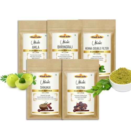 Image of Khadi Herbal Hair Powder Mix with Amla, Bhringraj, Henna, Shikakai & Reetha for Strong, Thick & Shiny Hair | Ayurvedic Hair Care Powder - 500GM (Pack of 5)