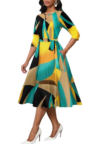 Image of CLOCOR Midi Dresses for Women Casual A-Line Fit and Flare Dress Crewneck 3 /4 Sleeve Keyhole Cocktail Party Church Dress