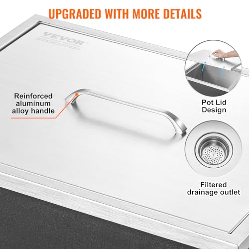 Image of VEVOR Drop in Ice Chest, 22 inchL x 17 inchW x 12 inchH Stainless Steel Ice Cooler, Commercial Ice Bin with Cover, 40 qt Outdoor Kitchen Ice Bar, Drain-pipe and Drain Plug Included, for Cold Wine Beer