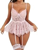 Aranmei Women Sexy Eyelash Lace Underwire Babydoll Lingerie Chemise with Garter Belt and Panty(Pink, X-Large)