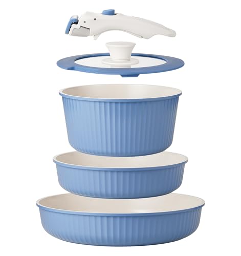 Image of KOCH SYSTEME CS 5 Pcs Ceramic Cookware Set with Detachable Handle, Nonstick Pots and Pans Set, Induction Compatible Dishwasher Safe Pots and Pans, Stackable Space Saving Kitchen Set, Non Toxic, Blue