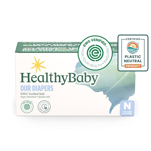 Image of HealthyBaby Our Diapers | EWG Verified Safe & Plant-Based Diapers | Leak Protection | Soft Organic Cotton Shell | Chlorine-Free Diaper for Sensitive Skin | Size N (Under 10 lbs) 66 Count