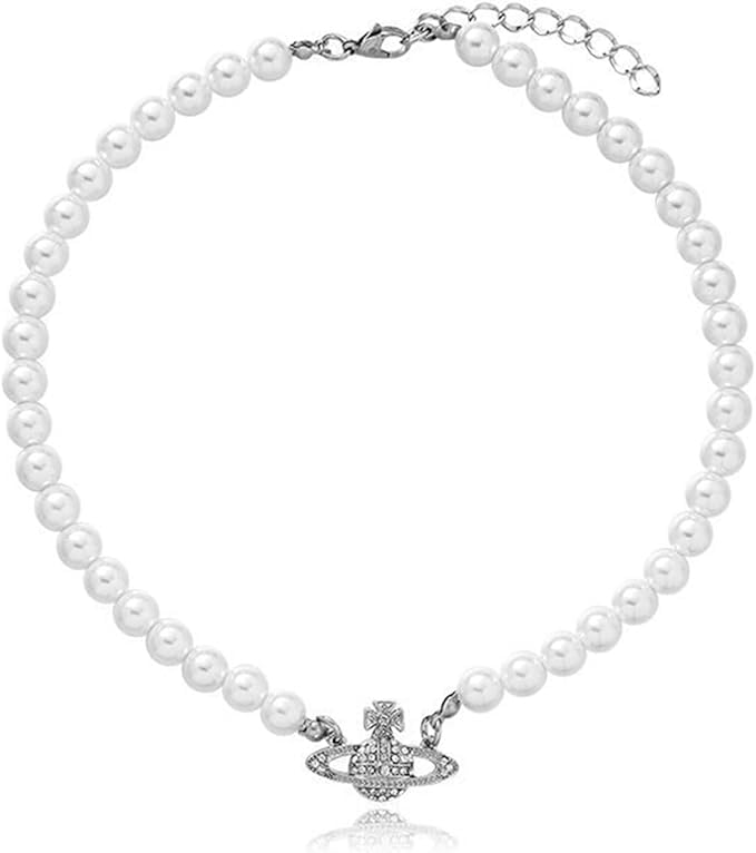 Saturn Kette,Planet Perlenkette,Silber Perlen Saturn Kristall Strass Halskette,Planet Perlenkette mit Anhänger,Saturn Halskette Perle,für Mädchen Valentinstag Beste Freundin Freundin Jubiläum