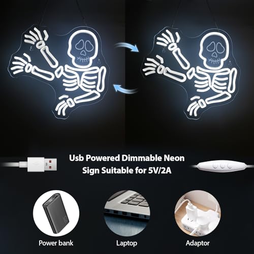 Image of JURONG Waving Skeleton Skull Neon Signs for Wall Decor, Halloween Ghost Neon Light Up Signs, USB Powered, Dimmable LED Sign for Halloween Party Bedroom, Man Game Room, Kid's Room, Bar, Club, Shops Decor