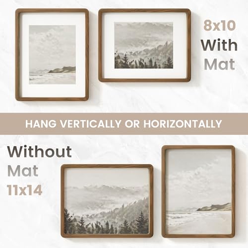 Image of 11x14 Picture Frame, USA-Sourced Natural Walnut Wood Photo Collage Frame with HD Tempered Glass, 11 x 14 Wooden Frame Matted to 8x10, Vertical & Horizontal Wall Hanging Display