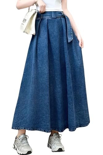 chouyatou Women's Ruffle Denim Skirt Elastic High Waist Pleated A Line Swing Maxi Long Jean Skirt with Belt