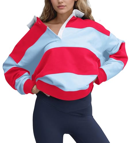 Women Striped Rugby Polo Sweatshirt Oversized Color Block Lapel Collar Long Sleeve Pullover Shirt Y2k Fall Clothes