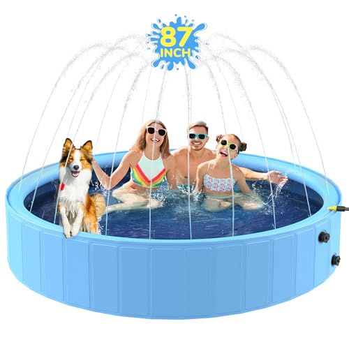 Bilibara 87'' Foldable Dog Pool, Sprinkler Pool for Kids, Non-Slip Heavy Duty Dogs Splash Pad for Small Dogs, Hard Plastic Kiddie Bathtubs for Backyard