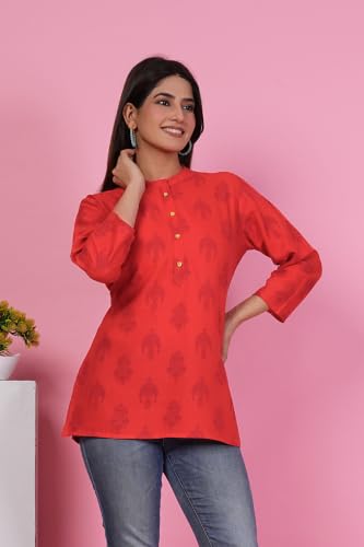 Image of Women's Red Printed Short Kurti Top with 3 /4 Sleeves