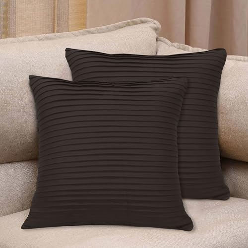Image of HOME COLORS.IN Cotton Plain Double Side Pleated Cushion Cover - Set of 2-18 x 18 Inch - Brown