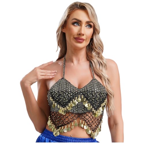 ranrann Haut Danse Orientale Femme Paillette Brillant à Frange Crop Top Danse du Ventre Belly Dance Dancewear B Or Noir Taille Unique