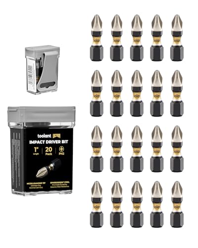 Image of toolant PH2 Phillips Impact Bit Set, 1 Inch, 20-Piece, Magnetic | S2 tool steel construction, precision-machined tips, anti-slip profile, magnetic retention, impact-driver use