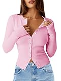 Saodimallsu Womens Slim Fit Cardigan Sweaters Sexy Button Crew Neck Fall Trendy Knit Long Sleeve Soft Open Front Tops Pink
