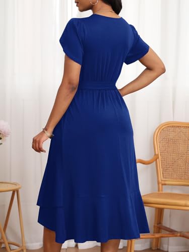 Image of PerZeal Women's Summer Dress Casual Ruffle Sleeve Crewneck A-Line Tiered Flowy Short Sleeve Long Dress with Belt