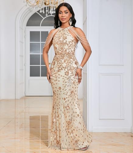 Image of Cololura Women Sequin Halter Tassel Mermaid Formal Maxi Dress Evening Gown
