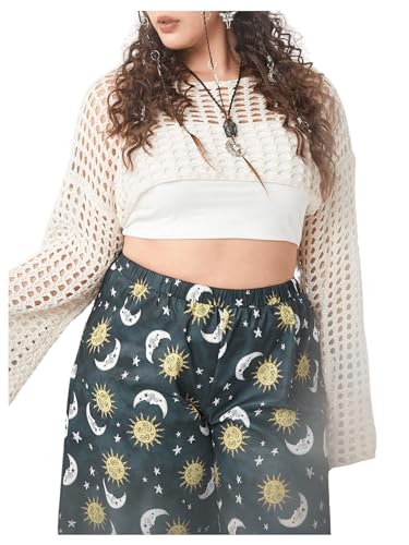 COZYEASE Women's Plus Size Y2K Hollow Out Long Sleeve Shrug Boat Neck Knit Crop Top Crochet Pullover Sweater4