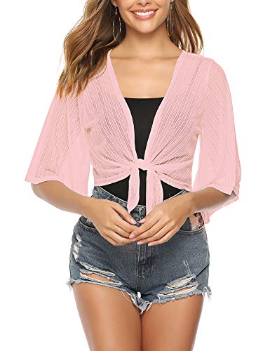 Women's Sheer Tie-Front 3/4 Sleeve Cropped Bolero Cardigan by iClosam