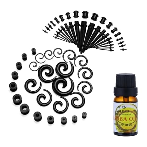 JDXN 65pcs Acrylic Ear Stretching Kit + Aftercare Jojoba Oil Tapers Plugs Silicone Tunnels Gauges Expander 14G-00G Jewelry Set (Black) Cover