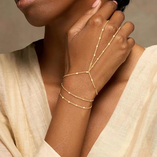 Image of Hand Chain Bracelet for Women Trendy, Dainty Silver Beaded Finger Ring Bracelet Non Tarnish Minimalist Adjustable Simple Cute Silver Bracelets Waterproof Fashion Jewelry