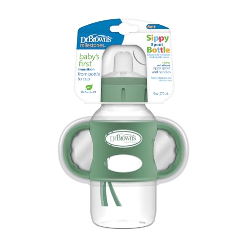 Image of Dr. Brown's Milestones Wide-Neck Sippy Spout Bottle with 100% Silicone Handles, Easy-Grip Handles with Soft Sippy Spout, 9oz/270mL, Green, 1-Pack, 6m+